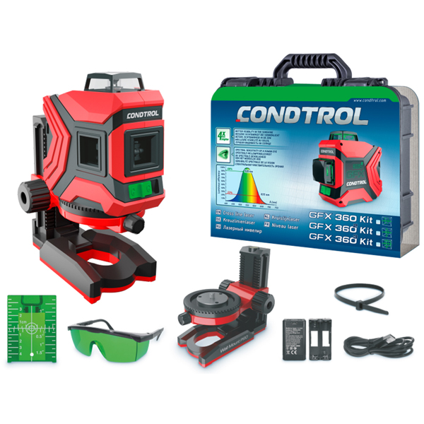 Нивелир лазерный CONDTROL GFX 360 Kit 1 х 360, 30/60 м, ±0,3 мм/м, зеленый луч, 3,7В 3000 мАч Li-Ion (1-2-402)