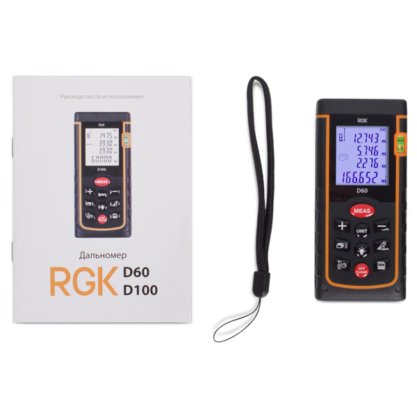 Дальномер лазерный RGK D60 до 60 м, красный луч, 2 х 1,5 В ААА (4610011870613)