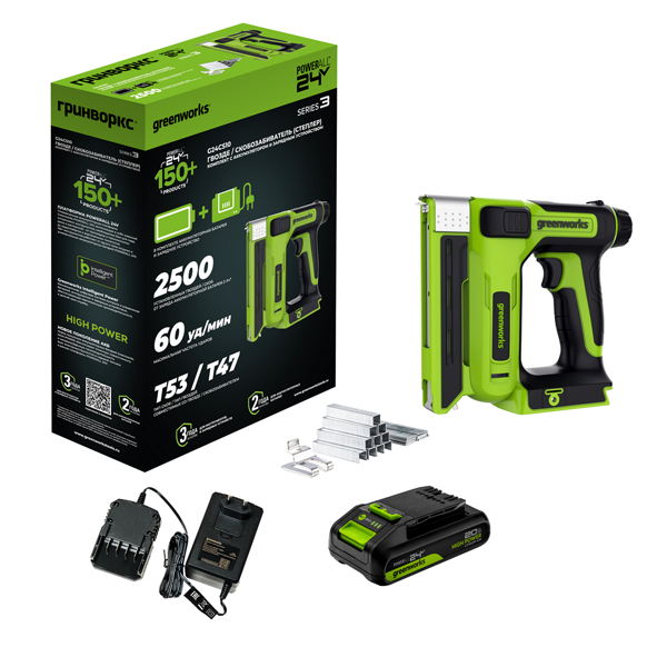 Пистолет аккумуляторный скобозабивной Greenworks G24CS10 24В 1 х 2,0 Ач (3400107CUA)