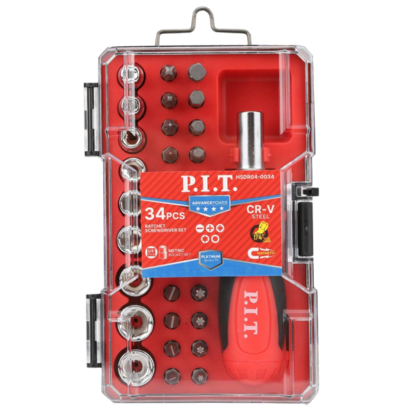 Набор бит и головок P.I.T. ADVANCE 34 предмета с рукояткой в кейсе (HSDR04-0034)