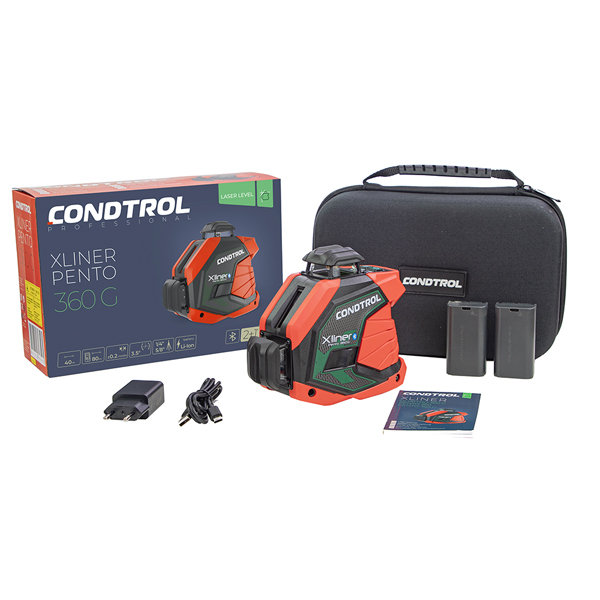 Нивелир лазерный CONDTROL XLINER PENTO 360G 2 х 360, 40/80 м, ±0,2 мм/м, зеленый луч, 7,4В 2600 мАч (1-2-158)
