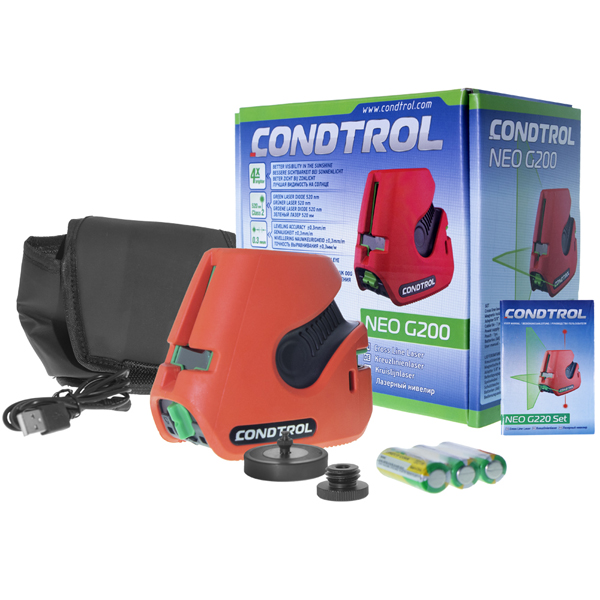 Нивелир лазерный CONDTROL NEO G200 30/60 м, ±0,3 мм/м, зеленый луч, 3 x 1,5В АА LR6 (1-2-126)