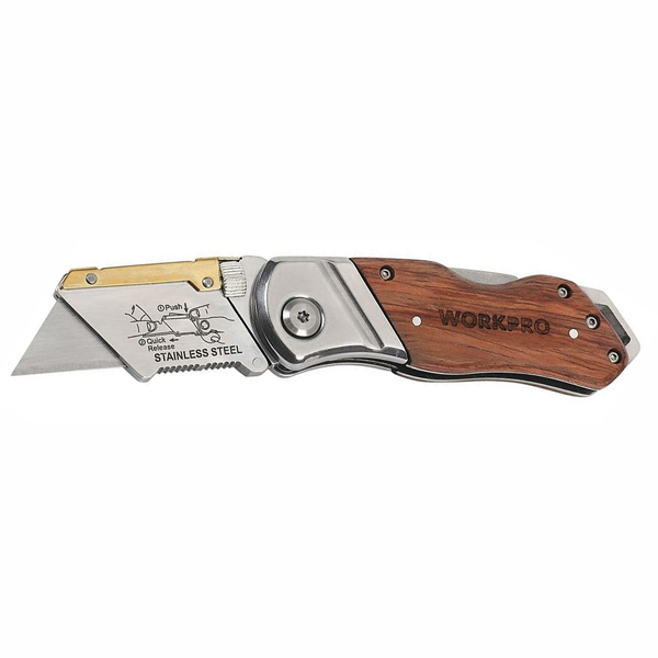 Нож складной с деревянной рукояткой WORKPRO 165/105 мм +11 лезвий (WP211014)