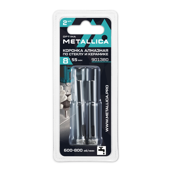 Коронка алмазная по стеклу и керамике METALLICA Optima 8 х 55 мм 2 шт (901380)