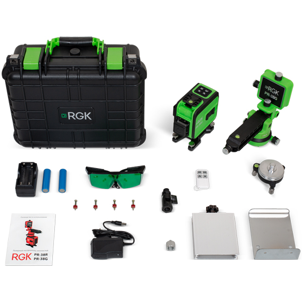 Нивелир лазерный RGK PR-38G 3 х 360, 20/50 м, ±0,2 мм/м, зеленый луч, 3,7В 2600 мАч Li-Ion (776066)